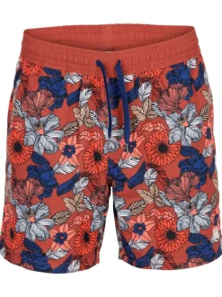 Short de bain rouge avec des motifs floraux all over et un patch
