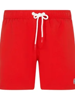 Short de bain rouge uni avec logo en silicone coupe droite
