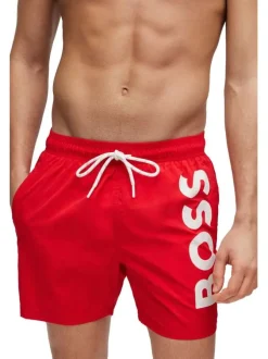 Short de bain rouge uni avec une coupe droite et une taille élastiquée