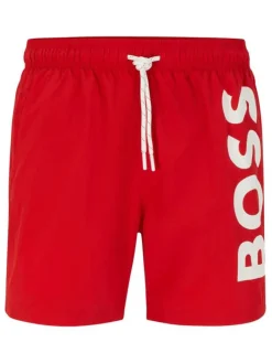 Short de bain rouge uni avec une coupe droite et une taille élastiquée
