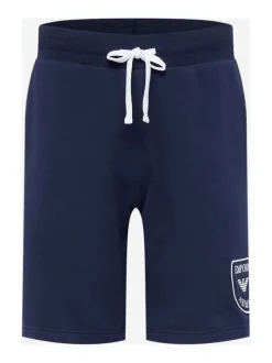 Short de jogging 2 poches marine uni en coton mélangé avec logo blanc
