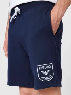 Short de jogging 2 poches marine uni en coton mélangé avec logo blanc