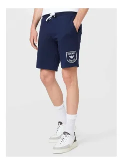 Short de jogging 2 poches marine uni en coton mélangé avec logo blanc