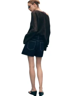 Short denim en coton bleu foncé uni à coupe large avec des surpiqûres camels