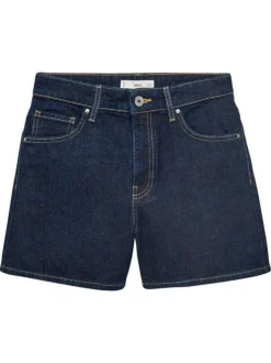 Short denim en coton bleu foncé uni à coupe large avec des surpiqûres camels