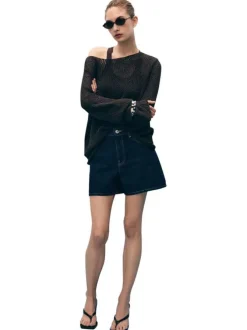 Short denim en coton bleu foncé uni à coupe large avec des surpiqûres camels