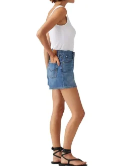 Short denim 80's Mom Short en coton mélangé bleu uni court à taille haute