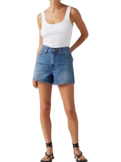 Short denim 80's Mom Short en coton mélangé bleu uni court à taille haute