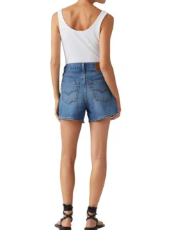 Short denim 80's Mom Short en coton mélangé bleu uni court à taille haute