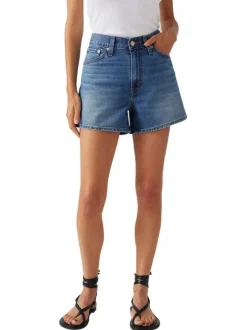 Short denim 80's Mom Short en coton mélangé bleu uni court à taille haute