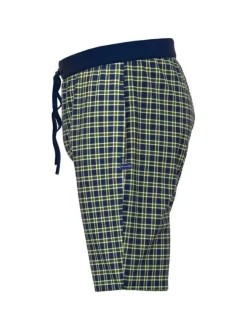 Short de pyjama en coton à carreaux sur fond marine, taille élastiquée à cordon