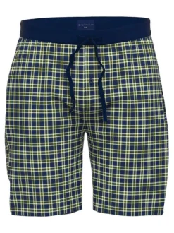 Short de pyjama en coton à carreaux sur fond marine, taille élastiquée à cordon