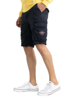 Short en coton avec 6 poches marine uni et logo sur poches cargo