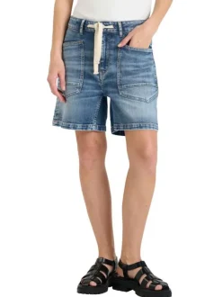 Short en coton bleu à coupe droite pourvu d'un cordon de serrage à la taille