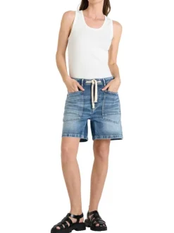 Short en coton bleu à coupe droite pourvu d'un cordon de serrage à la taille