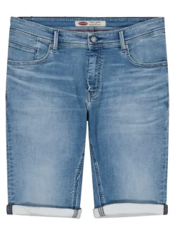 Short en coton bleu délavé avec une coupe droite et à 5 poches