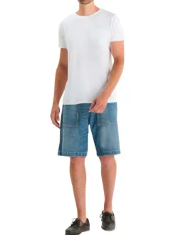 Short en coton bleu uni avec une coupe droite et une taille élastiquée