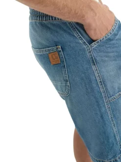 Short en coton bleu uni avec une coupe droite et une taille élastiquée