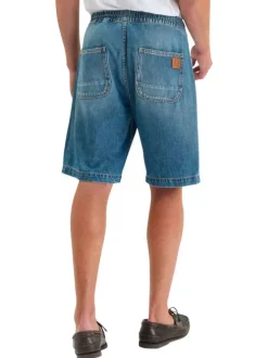 Short en coton bleu uni avec une coupe droite et une taille élastiquée