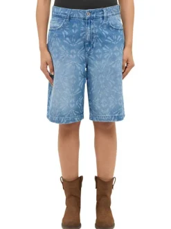 Short en coton indigo à motifs avec une coupe droite à zip et à bouton