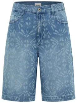 Short en coton indigo à motifs avec une coupe droite à zip et à bouton