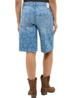 Short en coton indigo à motifs avec une coupe droite à zip et à bouton