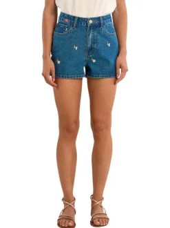 Short en coton indigo pourvu de motifs floraux brodés et de multiples poches