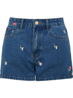 Short en coton indigo pourvu de motifs floraux brodés et de multiples poches