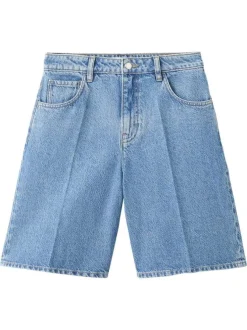 Short en coton indigo uni pourvu de passants pour la ceinture