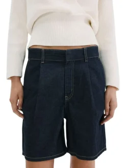 Short en coton indigo uni pourvu d'une taille mi-haute et d'une coupe droite