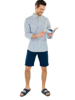 Short en coton marine uni à coupe chino et à fermeture zippée boutonnée