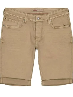 Short en coton mélangé beige uni avec des revers et une coupe droite