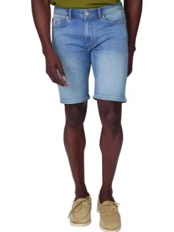 Short en coton mélangé bleu à coupe droite pourvu de poches plaquées