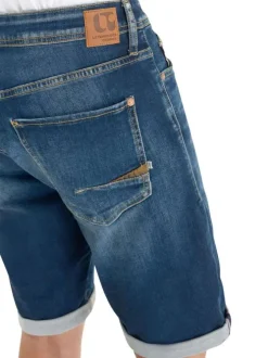 Short en coton mélangé bleu uni avec une coupe droite muni d'un zip