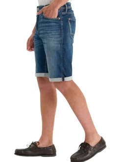 Short en coton mélangé bleu uni avec une coupe droite muni d'un zip