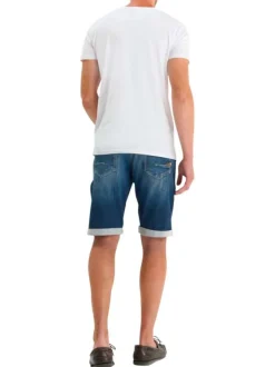 Short en coton mélangé bleu uni avec une coupe droite muni d'un zip