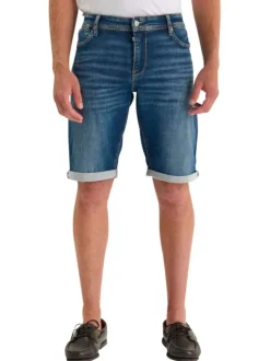 Short en coton mélangé bleu uni avec une coupe droite muni d'un zip