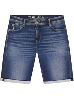 Short en coton mélangé bleu uni avec une coupe droite muni d'un zip