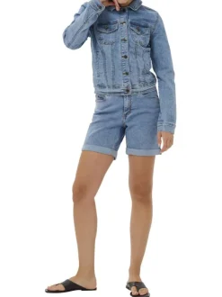 Short en coton mélangé indigo uni pourvu d'une coupe droite