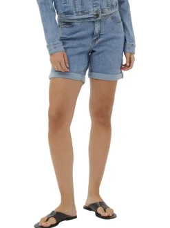 Short en coton mélangé indigo uni pourvu d'une coupe droite