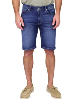 Short en coton mélangé marine à coupe droite pourvu de poches plaquées
