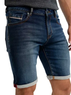 Short en coton mélangé marine uni pourvu d'une coupe slim et de multiples poches
