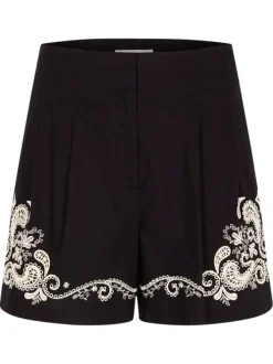 Short en coton noir uni pourvu de détails brodés contrastés