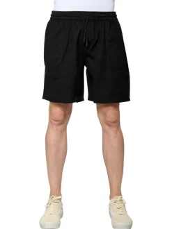 Short en coton noir uni à texture piquée avec une coupe droite et des poches