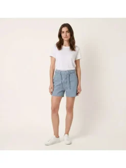 Short en jean en coton mélangé bleu uni avec une coupe droite