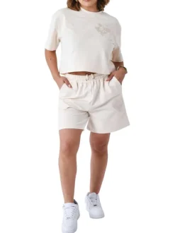Short en jogging écru imprimé avec 3 poches et coeur blanc brodé