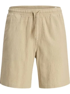 Short jogging en coton beige uni avec une coupe droite et une taille élastiquée