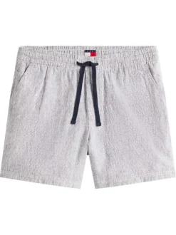 Short Jogging en lin et coton marine à motifs chinés avec une taille élastiquée
