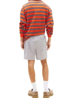 Short Jogging en lin et coton marine à motifs chinés avec une taille élastiquée