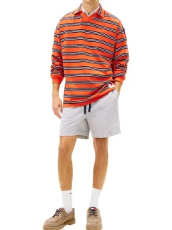 Short Jogging en lin et coton marine à motifs chinés avec une taille élastiquée